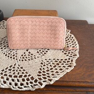 Bottega Pink Woven Zip Wallet
